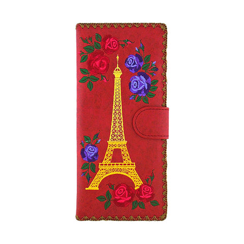 LAVISHY Paris Eiffel Tower & rose embroidery large flat vegan wallet for women. Great for daily use, gift idea for family & friend. Wholesale at www.lavishy.com