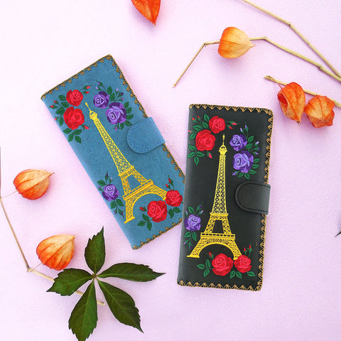 LAVISHY Paris Eiffel Tower & rose embroidery large flat vegan wallet for women. Great for daily use, gift idea for family & friend. Wholesale at www.lavishy.com