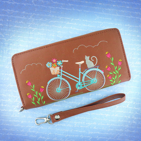 LAVISHY's cat on bicycle embroidered vegan large wristlet wallet for women everyday use, gift ideas for family & friends. Wholesale at www.lavishy.com