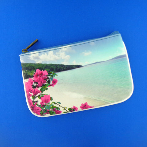 Mlavi Eco-friendly cruelty-free vegan leather pouch with blue ocean, sandy beach & flower print. 