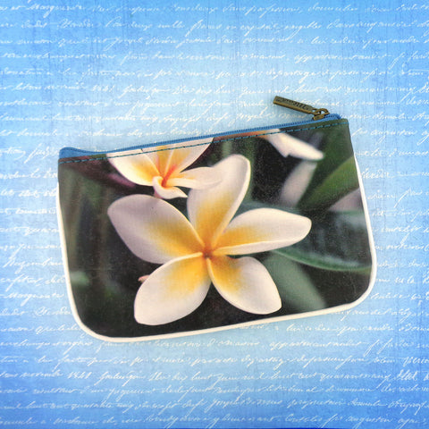 Mlavi Eco-friendly cruelty-free vegan leather pouch with blue ocean, sandy beach & flower print. 