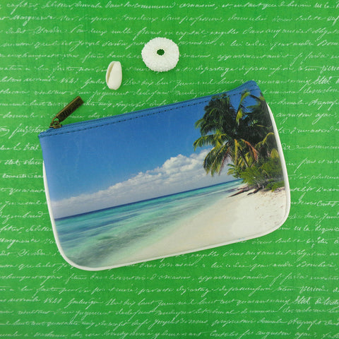 Mlavi Eco-friendly, cruelty-free, ethically made small pouch/coin purse with Blue ocean, palm tree & sea turtle print. 