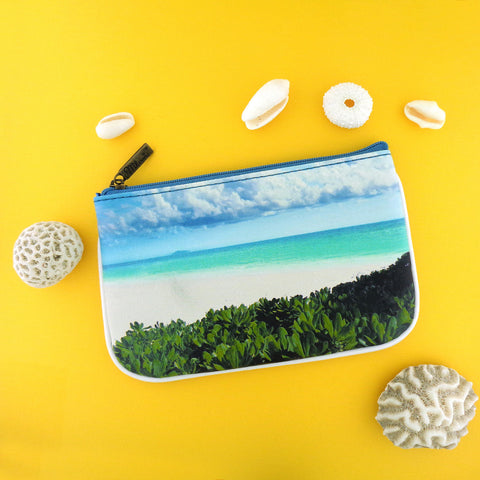 Mlavi Eco-friendly, cruelty-free, ethically made small pouch/coin purse with Blue ocean, sandy beach & sea shell print. 