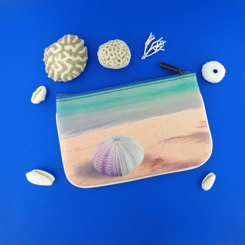 Mlavi Eco-friendly, cruelty-free, ethically made small pouch/coin purse with Blue ocean, sandy beach & sea shell print. 