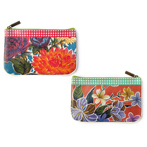 BC-EX007: Mlavi Mexican textile pattern style oilcloth flora print vegan leather small pouch/coin purse with different print each side