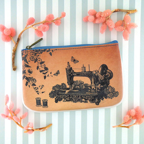BC-GR021: Mlavi retro sewing machine, butterfly, flowers, spool of thread & vintage scissors illustration print small vegan leather pouch/coin purse