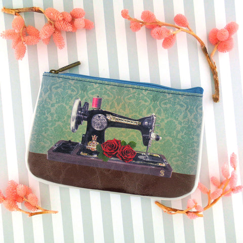 BC-GR022: Mlavi retro sewing machine, rose flowers, spool of thread & vintage scissors illustration print small vegan leather pouch/coin purse