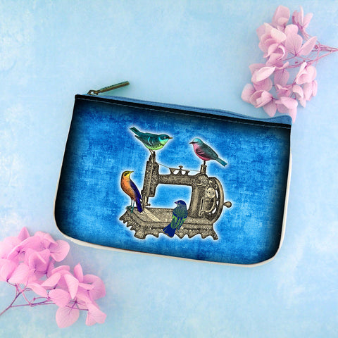 BC-GR023: Mlavi retro sewing machine, bird & vintage scissors illustration print small vegan leather pouch/coin purse