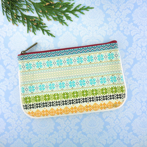 Mlavi whimsical Nordic Scandinavian pattern print vegan leather small pouch/coin purse made with Eco-friendly cruelty-free vegan materials. It's great for everyday use, travel or as gift for family & friends. Wholesale at www.mlavi.com for gift shops, fashion accessories & clothing boutiques, book stores.