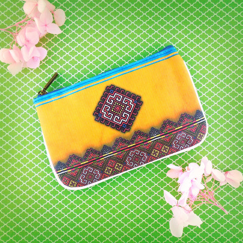 Ukrainian golden yellow & blue embroidery pattern small pouch
