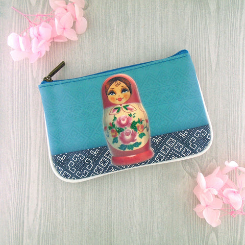 Mlavi vintage style Ukrainian Nesting doll over Ukraine embroidery pattern background printed vegan small pouch / coin purse