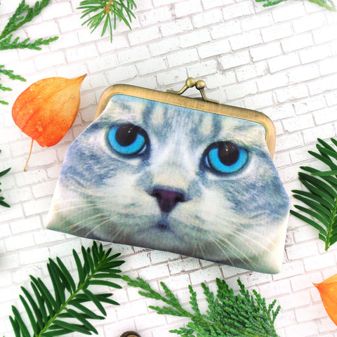 Mlavi cute blue eye cat face print retro style kiss lock frame vegan coin purse for everyday use & gift idea for family & friends. Wholesale at www.mlavi.com