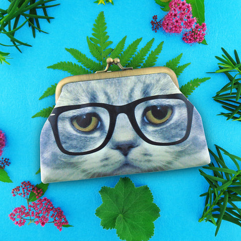 Mlavi cute cat with eyeglasses face print retro style kiss lock frame vegan coin purse for everyday use & gift idea for family & friends. Wholesale at www.mlavi.com