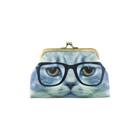 Mlavi cute cat with eyeglasses face print retro style kiss lock frame vegan coin purse for everyday use & gift idea for family & friends. Wholesale at www.mlavi.com