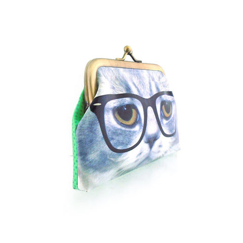 Mlavi cute cat with eyeglasses face print retro style kiss lock frame vegan coin purse for everyday use & gift idea for family & friends. Wholesale at www.mlavi.com