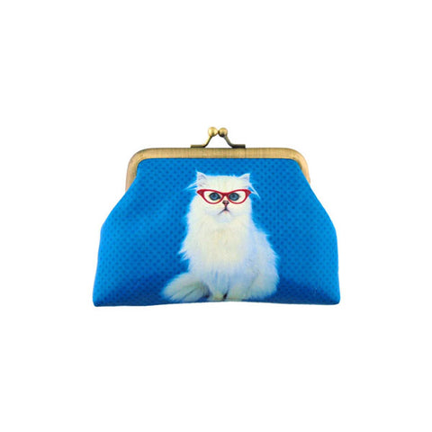 Mlavi cute white cat with eyeglasses print retro style kiss lock frame vegan coin purse for everyday use & gift idea for family & friends. Wholesale at www.mlavi.com