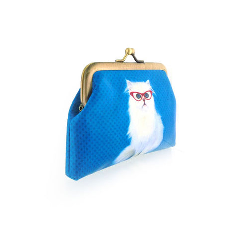 Mlavi cute white cat with eyeglasses print retro style kiss lock frame vegan coin purse for everyday use & gift idea for family & friends. Wholesale at www.mlavi.com