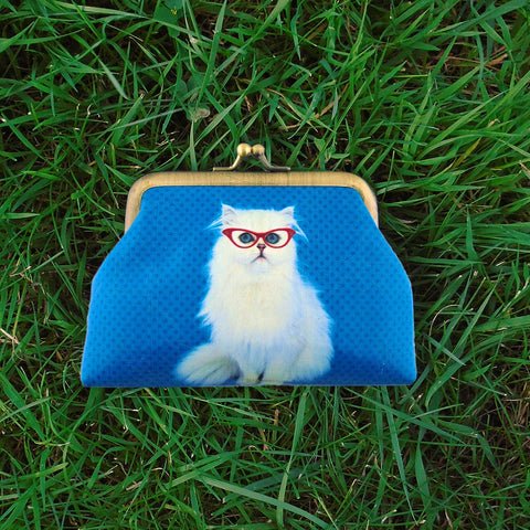 Mlavi cute white cat with eyeglasses print retro style kiss lock frame vegan coin purse for everyday use & gift idea for family & friends. Wholesale at www.mlavi.com