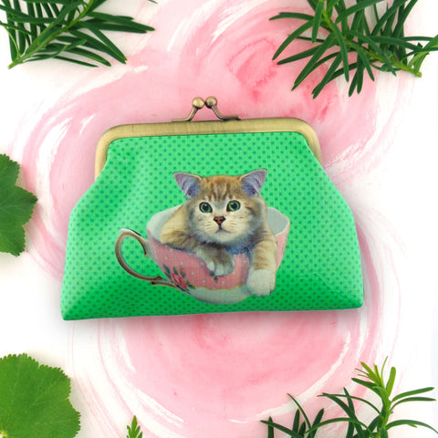 Mlavi cute cat in a teacup retro style kiss lock frame vegan leather coin purse for everyday use & gift idea for family & friends. Wholesale at www.mlavi.com