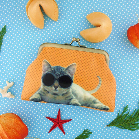 Mlavi cool cat with sunglasses print vegan leather kiss lock frame coin purse for everyday use & gift idea for family & friends. Wholesale at www.mlavi.com