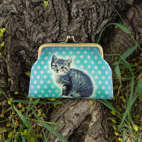 Mlavi cute kitten with tiara print vegan leather kiss lock frame coin purse for everyday use & gift idea for family & friends. Wholesale at www.mlavi.com