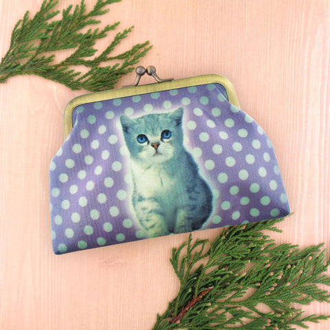 Mlavi cute blue eye cat retro style kiss lock frame vegan leather coin purse for everyday use & gift idea for family & friends. Wholesale at www.mlavi.com