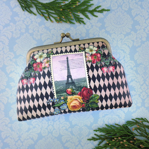 Mlavi vintage style Paris Eiffel tower print vegan kiss lock frame coin pursefor everyday use & gift idea for family & friends! Wholesale at www.mlavi.com