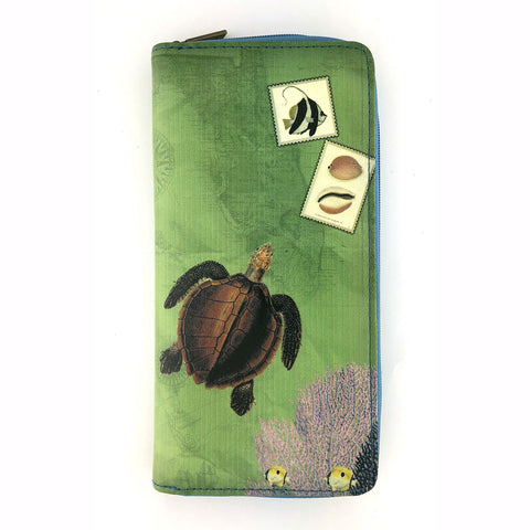 Mlavi whimsical vintage style sea turtle & coral illustration print vegan leather large wallet for online shopping. It comes with free gift box to make it a great gift idea for yourself, family or friends.