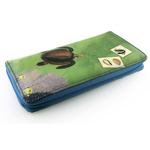 Mlavi whimsical vintage style sea turtle & coral illustration print vegan leather large wallet for online shopping. It comes with free gift box to make it a great gift idea for yourself, family or friends.