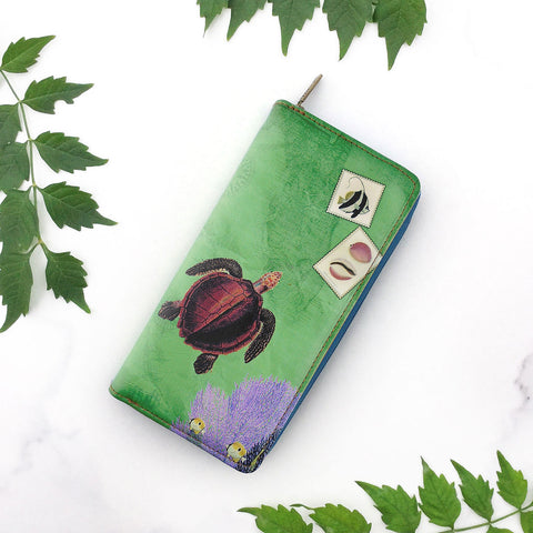 Mlavi whimsical vintage style sea turtle & coral illustration print vegan leather large wallet for online shopping. It comes with free gift box to make it a great gift idea for yourself, family or friends.