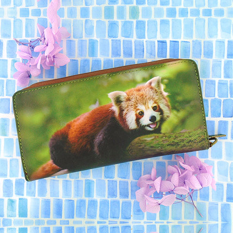 Mlavi smiley red panda print vegan leather large wristlet wallet