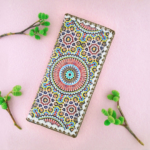 Mlavi Boho chic Moroccan tile pattern print vegan large flat wallet, great for everyday use or gift idea for family & friends. Wholesale at www.mlavi.com