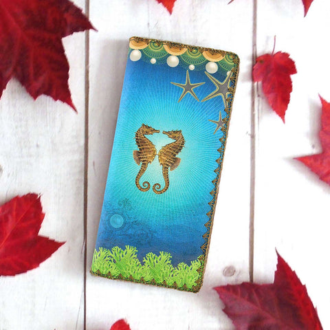  Mlavi Eco-friendly, cruelty-free vintage style seahorse lovers print vegan large flat wallet for women. 