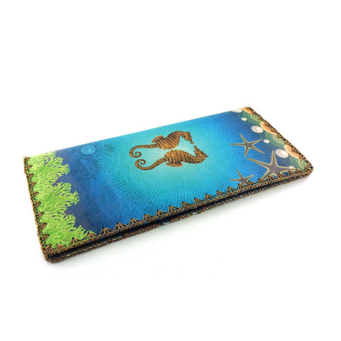  Mlavi Eco-friendly, cruelty-free vintage style seahorse lovers print vegan large flat wallet for women. 