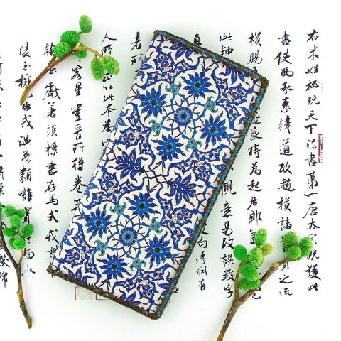 Mlavi Turkish blue & white ceramic tile print vegan large flat wallet. Great for everyday use & unique gift idea for family & friend. Wholesale at www.mlavi.com