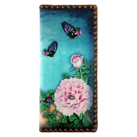 Mlavi vintage look Asian style peony flower & butterfly print vegan large flat wallet for everyday use or gift for family & friends. Wholesale at www.mlavi.com