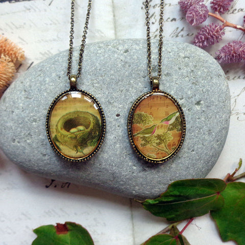 LAVISHY vintage style handmade reversible pendant necklace with lovebirds & bird nest print. Great gift for friends & family. Wholesale at www.lavishy.com