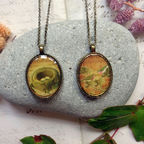 LAVISHY vintage style handmade reversible pendant necklace with lovebirds & bird nest print. Great gift for friends & family. Wholesale at www.lavishy.com