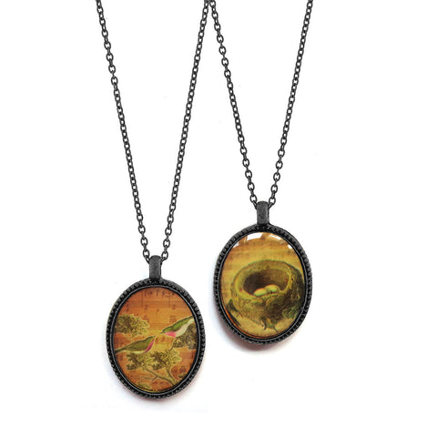 LAVISHY vintage style handmade reversible pendant necklace with lovebirds & bird nest print. Great gift for friends & family. Wholesale at www.lavishy.com