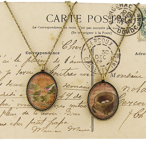 LAVISHY vintage style handmade reversible pendant necklace with lovebirds & bird nest print. Great gift for friends & family. Wholesale at www.lavishy.com