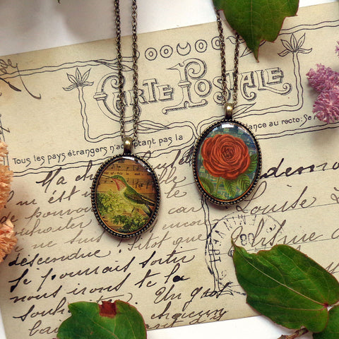 LAVISHY vintage style handmade reversible pendant necklace with red rose & hummingbird print. Great gift for friends & family. Wholesale at www.lavishy.com