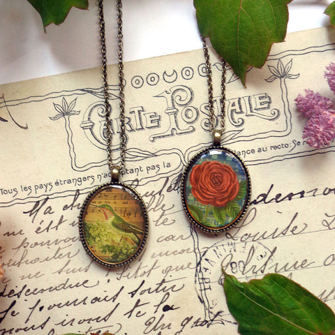 LAVISHY vintage style handmade reversible pendant necklace with red rose & hummingbird print. Great gift for friends & family. Wholesale at www.lavishy.com