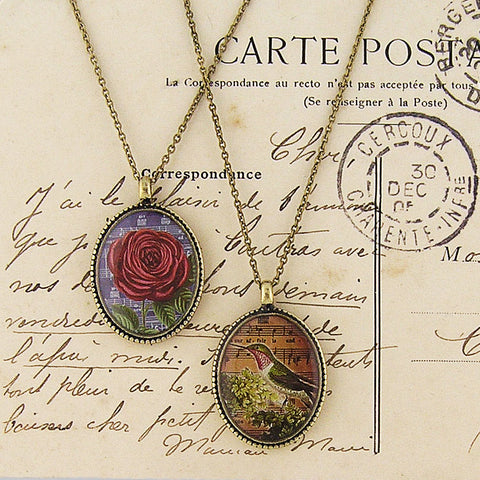 LAVISHY vintage style handmade reversible pendant necklace with red rose & hummingbird print. Great gift for friends & family. Wholesale at www.lavishy.com