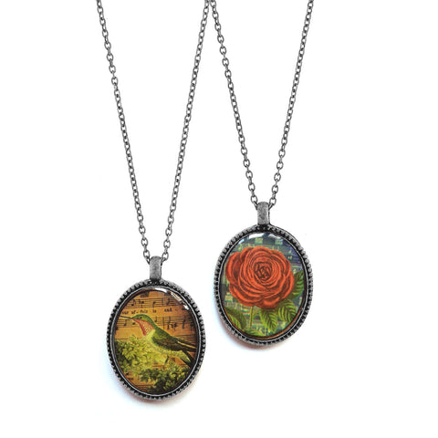 LAVISHY vintage style handmade reversible pendant necklace with red rose & hummingbird print. Great gift for friends & family. Wholesale at www.lavishy.com