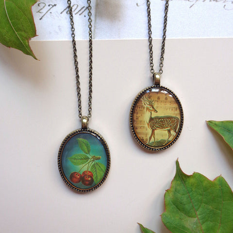 LAVISHY vintage style handmade reversible pendant necklace with deer & cherry print. Great gift for friends & family. Wholesale at www.lavishy.com