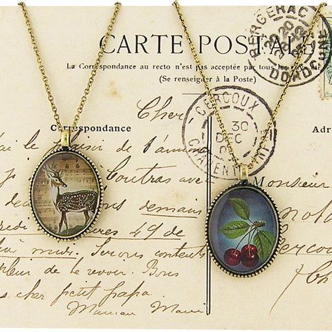 LAVISHY vintage style handmade reversible pendant necklace with deer & cherry print. Great gift for friends & family. Wholesale at www.lavishy.com