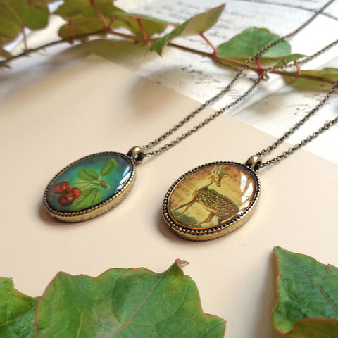 LAVISHY vintage style handmade reversible pendant necklace with deer & cherry print. Great gift for friends & family. Wholesale at www.lavishy.com