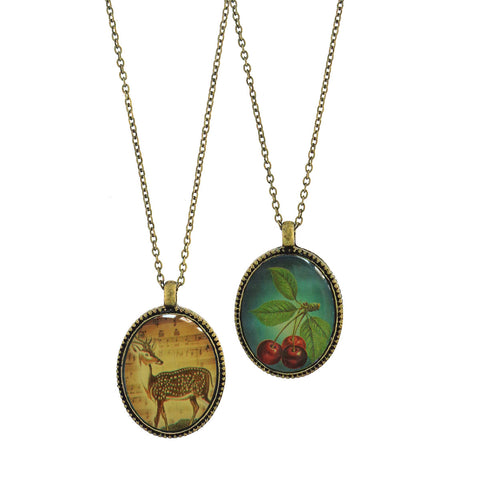 LAVISHY vintage style handmade reversible pendant necklace with deer & cherry print. Great gift for friends & family. Wholesale at www.lavishy.com