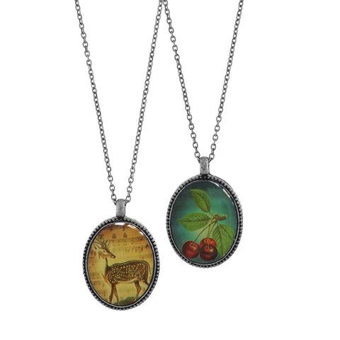 LAVISHY vintage style handmade reversible pendant necklace with deer & cherry print. Great gift for friends & family. Wholesale at www.lavishy.com