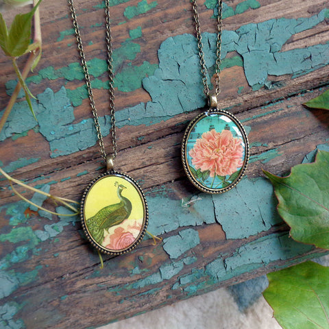 LAVISHY vintage style handmade reversible pendant necklace with peacock & peony flower print. Great gift for friends & family. Wholesale at www.lavishy.com